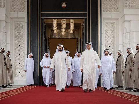 His Highness Sheikh Mohammed bin Rashid Al Maktoum, Vice-President and Prime Minister of the UAE and Ruler of Dubai, with Sheikh Mansour bin Zayed Al Nahyan, Vice President and Deputy Prime Minister of UAE, and Minister of the Presidential Court.