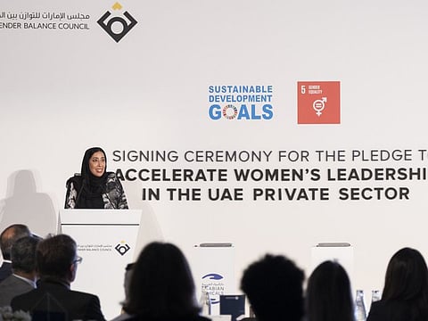 Mona Ghanem Al Marri addressing the a UAE Gender Balance meeting in Dubai