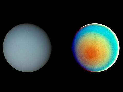 Two pictures of Uranus - one in true color (L) and the other in false color - are shown in this NASA handout obtained by Reuters January 20, 2016. The images were compiled from images returned Jan. 17, 1986, by the narrow-angle camera of the Voyager 2 spacecraft.