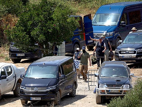 Portuguese Judicial Police (PJ) criminal investigation unit members leave the base camp set near the Arade dam in Silves on May 25, 2023, after the search operation in the investigation into the disappearance of Madeleine McCann (Maddie) has been declared over.