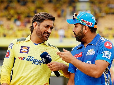 MS Dhoni of the Chennai Super Kings and Rohit Sharma of the Mumbai Indians during the Tata Indian Premier League match at the MA Chidambaram Stadium, Chennai, on May 6, 2023. Their captaincy has been pivotal to the fortunes of their teams.
