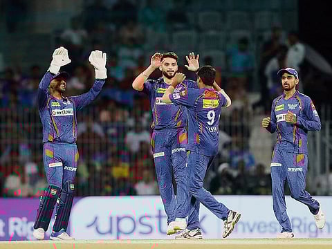 Lucknow Super Giants' Naveen ul Haq celebrates a wicket of Mumbai Indians in the Eliminator in Chennai on Wednesday.