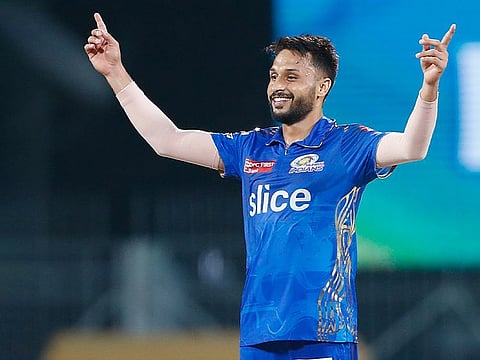Mumbai Indians' Akash Madhwal celebrates a wicket during the IPL eliminator match against Lucknow Super Giants, at MA Chidambaram Stadium, in Chennai on Wednesday.