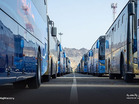 Buses readied for pilgrims. Picture posted by the Saudi Ministry of Hajj showing a pre-Hajj drill launched this week on transporting pilgrims.
