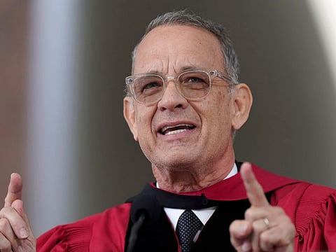 Actor Tom Hanks delivers a commencement address during Harvard University commencement exercises on the school's campus, Thursday, May 25, 2023, in Cambridge, Massachussets.