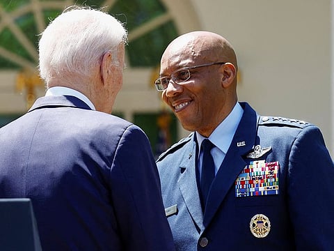 Joe Biden congratulates Air Force General Charles Brown Jr. after announcing his nomination of Brown to serve as the next chairman of the US Joint Chiefs of Staff, during an event in the Rose Garden at the White House in Washington, on May 25, 2023.