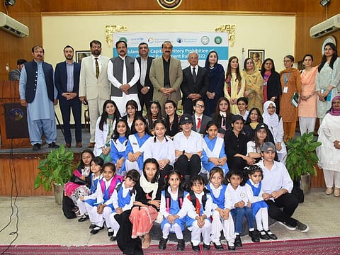 Federal Minister for Education Rana Tanveer Hussain with officials of the education ministry, representatives of civil society, students and their teachers attending a ceremony at one of Islamabad’s local schools where he announced implementation of ‘Prohibition of Corporal Punishment Act 2021’ in the Islamabad Capital Territory.