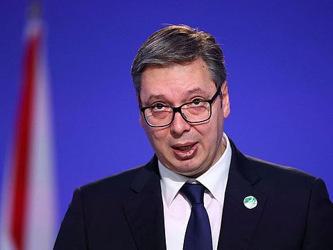 Serbian President Aleksandar Vucic makes a national statement on the second day of the COP26 UN Climate Summit in Glasgow on November 2, 2021.