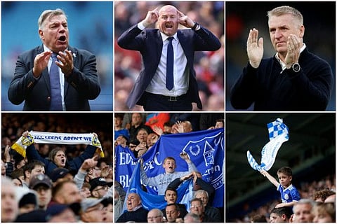 A combination picture shows Leeds United manager Sam Allardyce, Everton manager Sean Dyche, Leicester City manager Dean Smith and football fans from their respective clubs, as only one team will avoid relegation from the Premier League on Sunday.