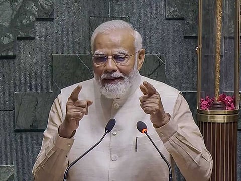 Prime Minister Narendra Modi speaks at the inauguration of the new Parliament building, in New Delhi on Sunday, May 28, 2023.