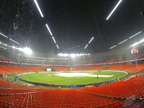 Rain before the start of the Indian Premier League Twenty20 final match between Gujarat Titans and Chennai Super Kings at the Narendra Modi Stadium in Ahmedabad.