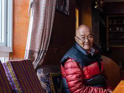 In this picture taken on May 28, 2023, Kancha Sherpa, a team member of the 1953 Mount Everest expedition which placed Tenzing Norgay and Edmund Hillary on the summit of the world's highest mountain, looks on during an interview on the eve of International Everest Day, at Namche Bazar in Solukhumbu district, northeast of Kathmandu.
