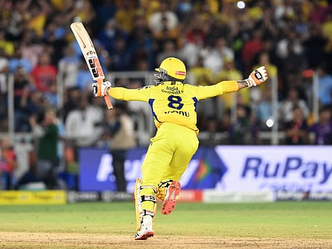 Chennai Super Kings' Ravindra Jadeja celebrates his team's win.