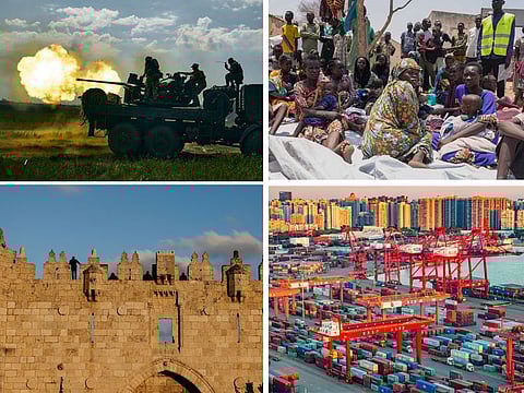 Clockwise left to right: Ukrainian soldiers fire a cannon near Bakhmut, an eastern city in the Donetsk region. People who fled from Sudan sit outside a nutrition clinic at a transit center in Renk, South Sudan. Haikou Port Container Terminal in China, and Israeli Border police officers stand guard on the wall around Damascus gate to Jerusalem's Old city
