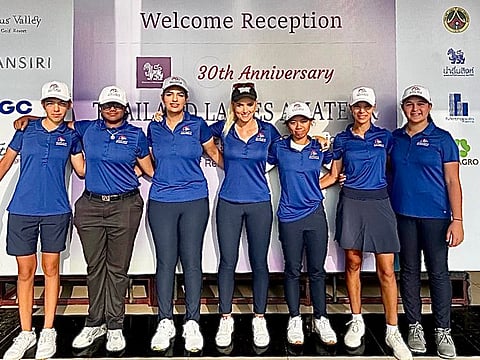The UAE representative Ladies' Team playing this week in the Singha Thailand Ladies Amateur Open with UAE Coach April Varney (centre).