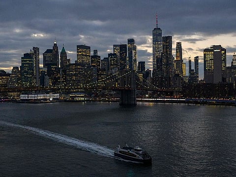 The skyline of lower Manhattan across the East River in New York City.