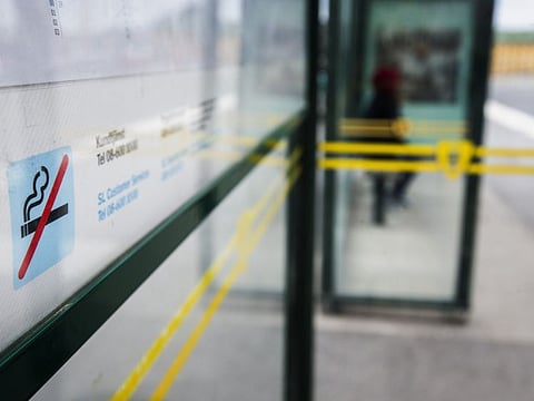 A no-smoking sign is seen at a bus stop in Stockholm, Sweden, June 25, 2019.