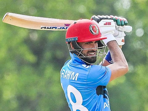 Afghanistan's Ibrahim Zadran plays a shot during the first ODI against Sri Lanka at the Mahinda Rajapaksa International Cricket Stadium in Hambantota on June 2, 2023.