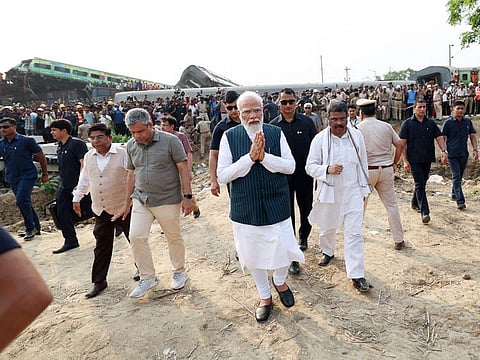 Prime Minister Narendra Modi visits the train accident site, in Balasore on Saturday.