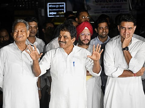 Congress General Secretary K.C Vennugopal along with Rajasthan Chief Minister Ashok Gehlot and party leader Sachin Pilot speaks to the media outside party president Mallikarjun Kharge's residence, in New Delhi on Monday.