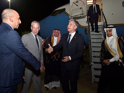 US Secretary of State Antony Blinken is welcomed by US ambassador to Saudi Arabia Michael Ratney and US and Saudi officials upon his arrival in Jeddah, Saudi Arabia, on June 6, 2023.