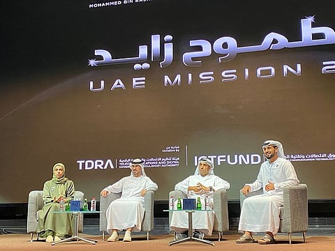 From left Dr Hanan Al Suwaidi, Adnan Al Rais, Salem Humaid Al Marri and Saud Karmustaji, director of communications at MBRSC during a media briefing after the fifth edition of the “A Call from Space” event at MBRU in Dubai on Wednesday