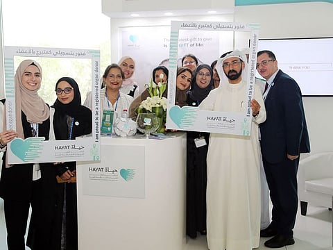 Participants of the DHA's Organ Donation awareness campaign at its headquarters in Dubai on the occasion of World Transplant Day
