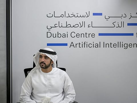 Hamdan bin Mohammed bin Rashid Al Maktoum, Crown Prince of Dubai, Chairman of The Executive Council of Dubai and Chairman of the Board of Trustees of the Dubai Future Foundation, during the launch of the Dubai Centre for Artificial Intelligence (DCAI) at Emirates Towers, AREA 2071