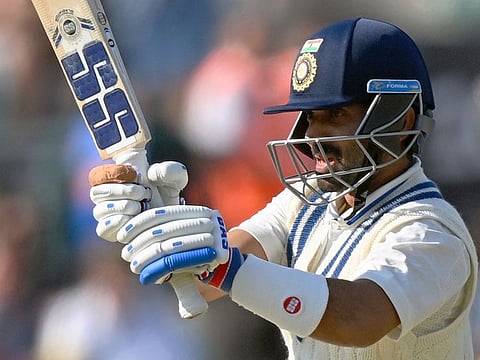 India’s Ajinkya Rahane plays a shot in the first innings on Day 2 of the ICC World Test Championship cricket final against Australia at The Oval, in London, on June 8, 2023. India’s hopes of avoiding a follow-on depend on Rahane (29 not out).