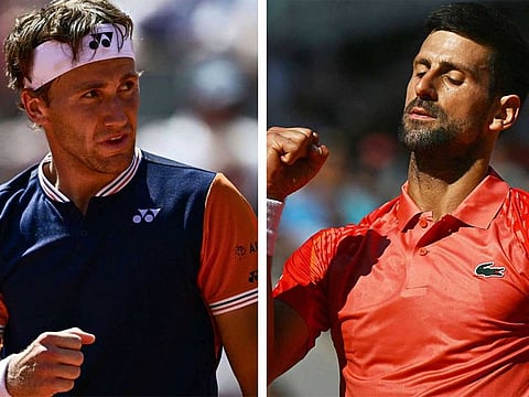 A combination photo of Casper Rudd, left, and Novak Djokovic