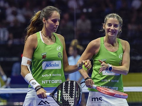 Gemma Triay and Alejandra Salzar of Jaguars celebrating a point against against Lucia Sainz and Bea Gonzalez of Panthers on Saturday.