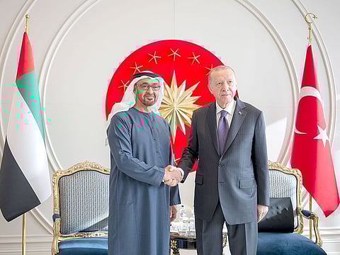 UAE President His Highness Sheikh Mohamed bin Zayed Al Nahyan and Turkish President Recep Tayyip Erdogan (right), pose for a photograph prior to a meeting at Ataturk Airport.