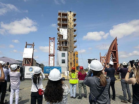 A structure stands after an earthquake simulation by engineers from the University of California San Diego and several other universities in San Diego, California, US.