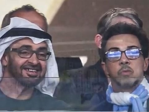 A screengrab of the video released by Lt. General Sheikh Saif bin Zayed Al Nahyan showing President His Highness Sheikh Mohamed bin Zayed Al Nahyan along with Sheikh Mansour bin Zayed Al Nahyan at the stadium.