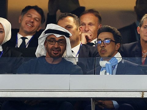 UAE President His Highness Sheikh Mohamed bin Zayed Al Nahyan and Sheikh Mansour bin Zayed Al Nahyan, UAE Vice-President, Deputy Prime Minister and Minister of the Presidential Court, attend the UEFA Champions League final football match between Inter Milan and Manchester City at the Ataturk Olympic Stadium in Istanbul, on June 10, 2023.