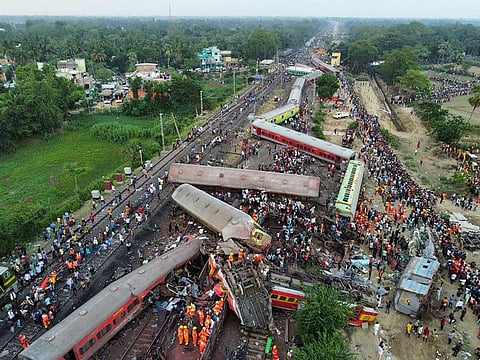 A drone view shows derailed coaches after trains collided in Balasore district in the eastern state of Odisha, India, June 3, 2023.