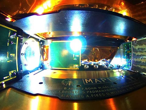 An image of the interior of MAPLE, the instrument aboard the Space Solar Power Demonstrator that achieved the wireless transmission of energy through space..