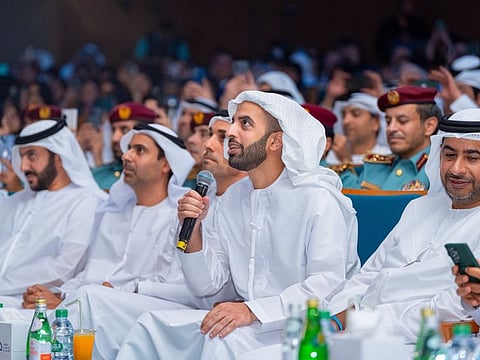 Sheikh Mohamed bin Saud Al Qasimi, Crown Prince of Ras Al Khaimah, interacts with Emirati astronaut Sultan Al Neyadi during the Call from Space' event held in Ras Al Khaimah on Wednesday