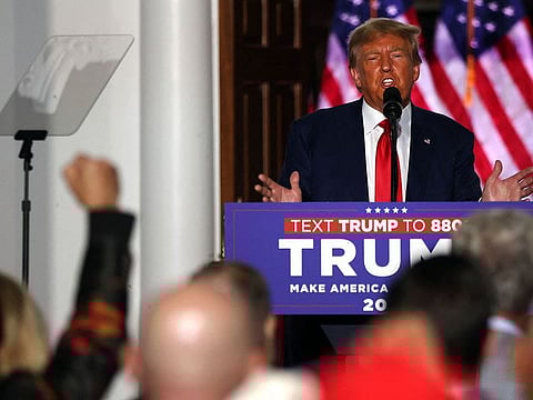 Former President Donald Trump speaks to supporters at Trump National Golf Club in Bedminster following his appearance in a Miami court on June 13, 2023 in Bedminster, New Jersey. Trump appeared in court in Miami to answer a 37-count indictment that alleges he willfully retained classified documents after he left office and refused to return them.