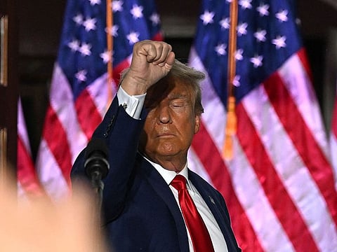 Trump gestures after delivering remarks at Trump National Golf Club Bedminster in Bedminster, New Jersey, on June 13, 2023.