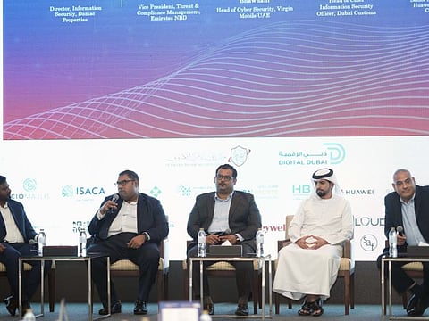 (From left) Jeevan Badigari, Director, Information Security, Damac Properties (Moderator), Dhiraj Sasidharan, Vice President, Threat & Compliance Management, Emirates NBD, Vishal Vijaykumar Bhawnani, Head of Cyber Security, Virgin Mobile UAE, Adel Alhosani, Chief Information Security Officer, Dubai Customs, and Ashraf Esmat Khalil, Senior Solution Architect, Huawei Middle East & Central Asia, at the Gulf News Cybersecurity Forum 2023.