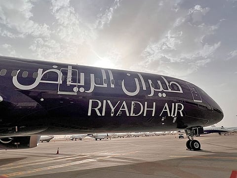 The first liveried Riyadh Air Boeing 787-9 Dreamliner is unveiled during a ceremony at the King Khaled International Airport in Riyadh, on June 12, 2023.