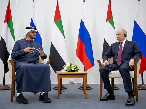 His Highness Sheikh Mohamed bin Zayed Al Nahyan, President of the United Arab Emirates meets with President Vladimir Putin of the Russian Federation during a working visit to Saint Petersburg.