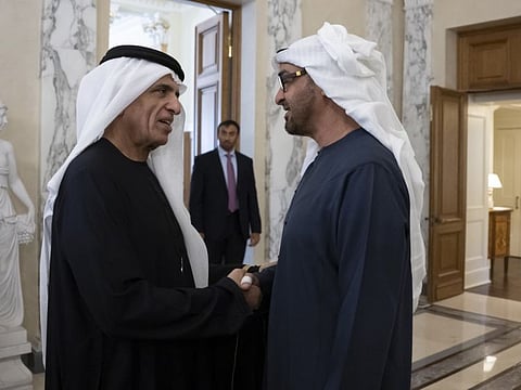 Sheikh Mohamed bin Zayed Al Nahyan, UAE President meets with His Highness Sheikh Saud bin Saqr Al Qasimi, Supreme Council Member and Ruler of Ras Al Khaimah (L), before attending the Saint Petersburg International Economic Forum 2023.