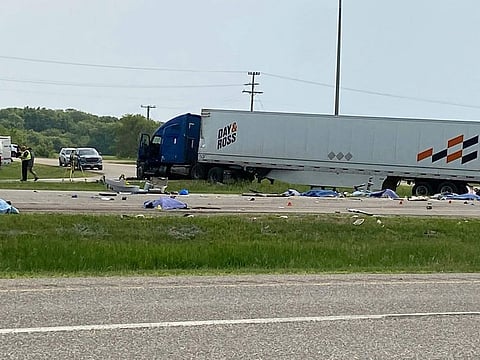 This photo shows the scene of a major collision that has closed a section of the Trans-Canada Highway near Carberry, Manitoba on Thursday June 15, 2023.
