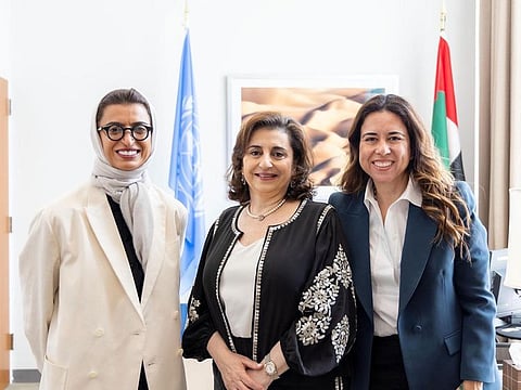 Noura Al Kaabi (left), Minister of State, at the UN Women meeting in New York