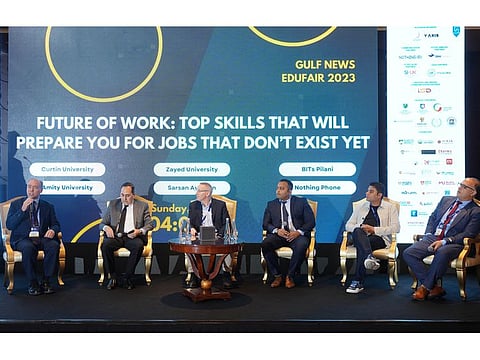 Daniel Adkins, Group CEO of Transnational Academic Group, Education Management Service Provider of Curtin University Dubai; Dr. Elie Menassa, Dean - School of Business, Amity University Dubai;  Prof Paul J Hopkinson, Dean of the College of Interdisciplinary Studies, Zayed University; Abdul Razzak, Manager - Career Services, BITS Pilani, Dubai Campus; Rishi Kishor Gupta - Business Lead, Middle East & Africa – Nothing Phone , Hany Nabeel Rachid, Quality Manager, Sarsan Aviation Academy