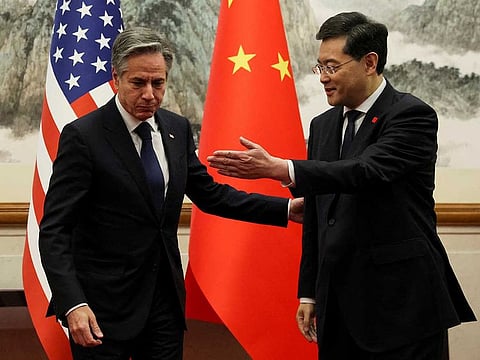 US Secretary of State Antony Blinken meets with China's Foreign Minister Qin Gang at the Diaoyutai State Guesthouse in Beijing, China, June 18, 2023.