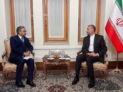 Pakistani Foreign Secretary Asad Majeed Khan and Iranian Foreign Minister Hossein Amir-Abdollahian during a meeting in Tehran on June 18, 2023.