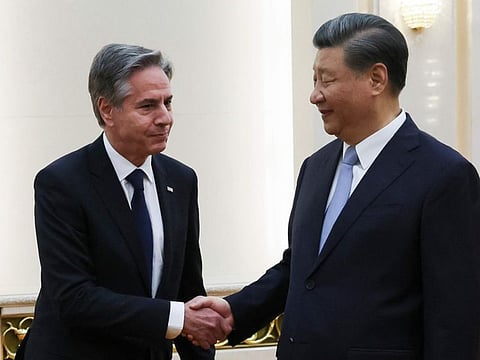US Secretary of State Antony Blinken shakes hands with Chinese President Xi Jinping in the Great Hall of the People in Beijing, China, Monday, June 19, 2023.